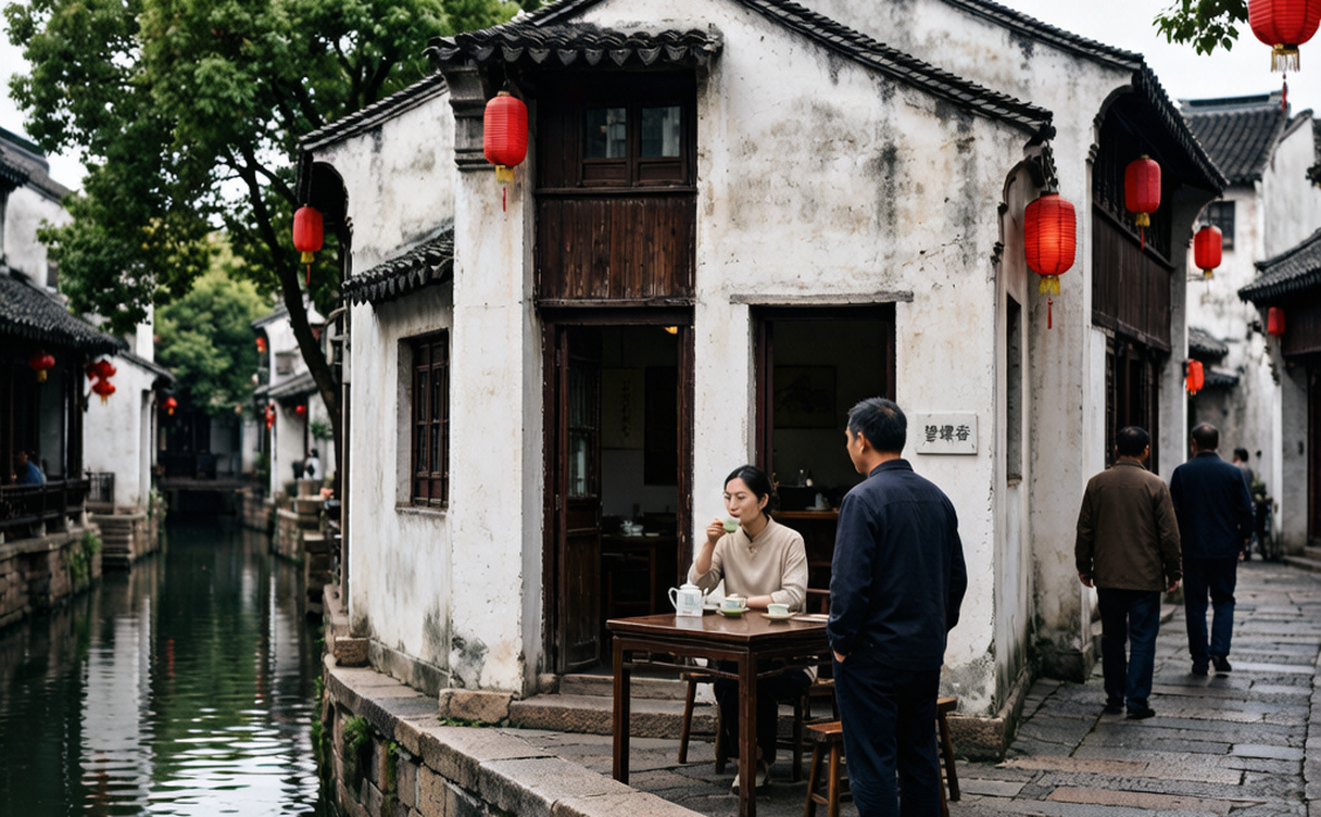 Suzhou tea house by a canal with a pot of green tea