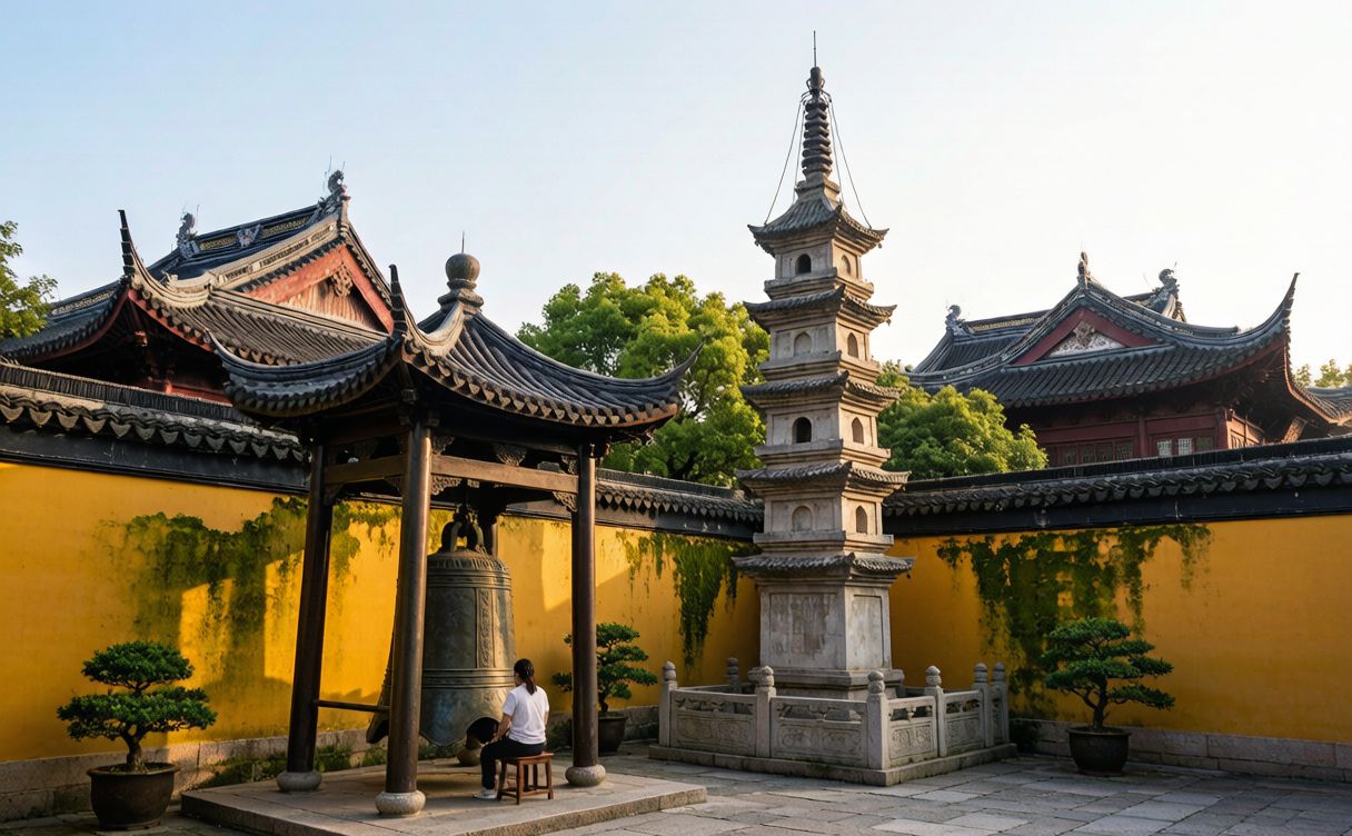 Red temple gate and wooden bell tower of Hanshan Temple at dawn