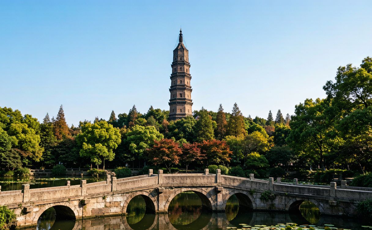 Tiger Hill Suzhou south entrance canal bridge with willows