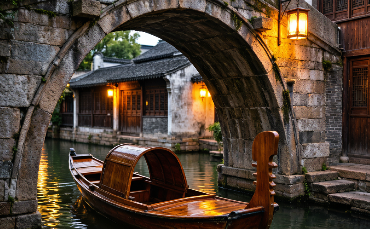 Taierzhuang ancient town canals glowing with red lanterns at night