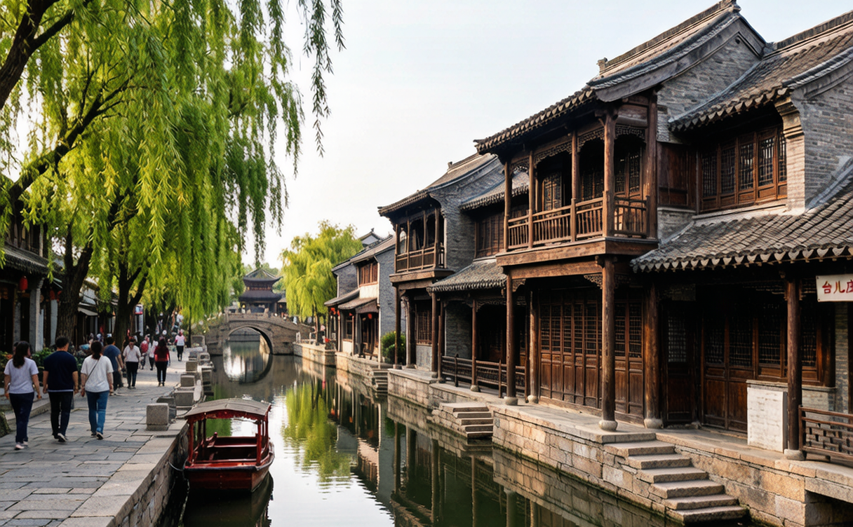 Wooden boat passing under an arched stone bridge in Taierzhuang ancient town