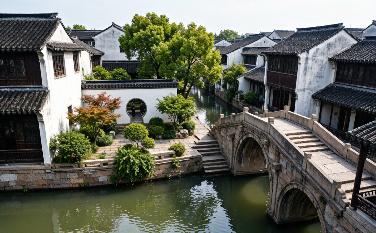 Classical pavilion reflected in a still pond at Tuisi Garden in Tongli water town, Jiangsu, China
