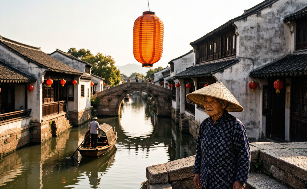 Narrow stone lane beside a quiet canal with hanging laundry in Tongli water town, Jiangsu, China
