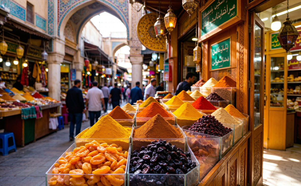 Urumqi travel guide - spice and dried-fruit stalls at the bazaar in Urumqi, Xinjiang, China