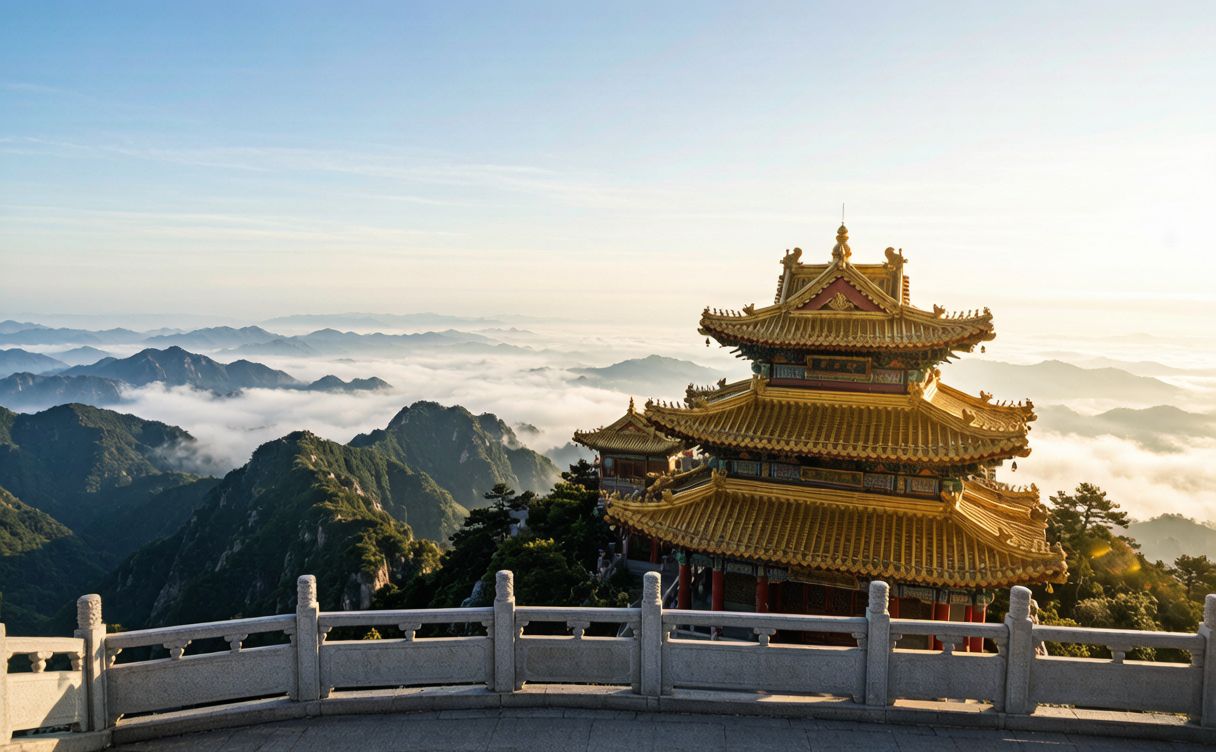 The gilded Golden Summit Jinding of Wudang Mountain at sunrise