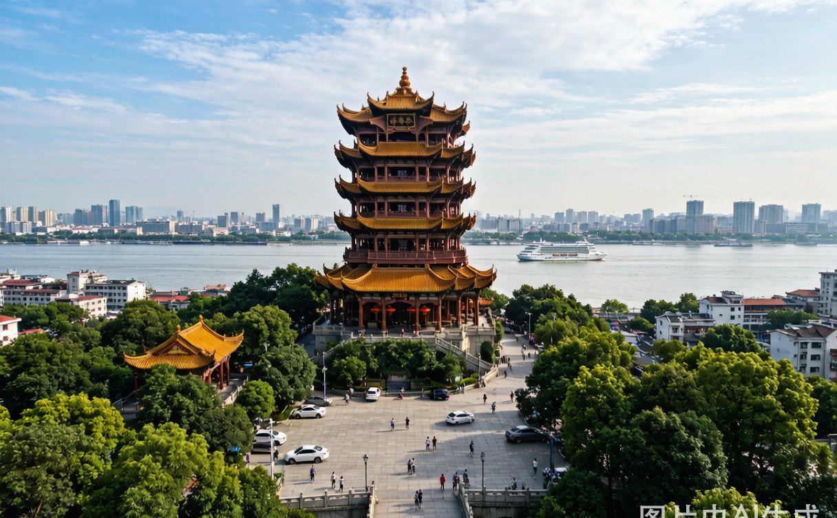Yellow Crane Tower Wuhan China overlooking the Yangtze River