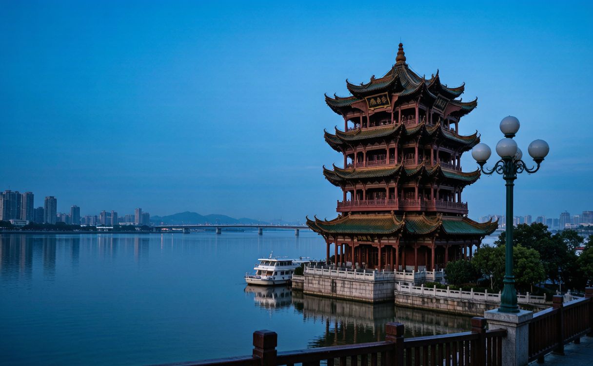 Yellow Crane Tower at sunrise with the Yangtze River behind