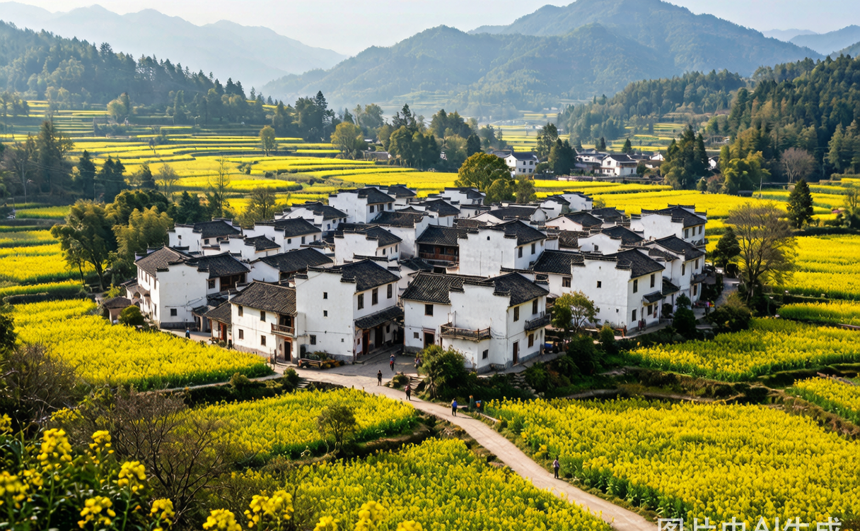 Yellow rapeseed fields terracing down to a white-walled Hui village at sunrise in Wuyuan