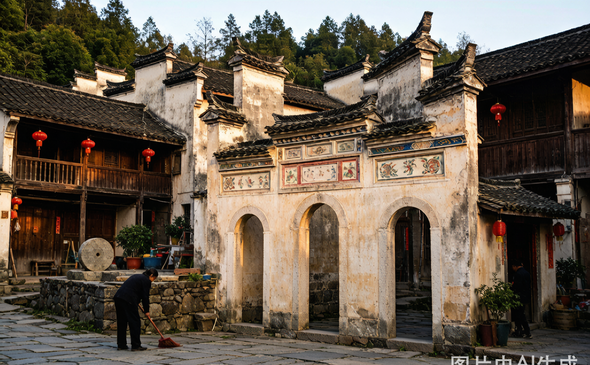 Traditional Hui village with black-and-white horse-head gables reflected in a still village stream