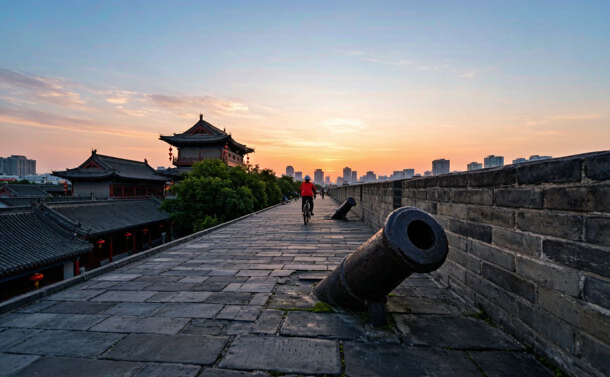 Cyclist on top of Xi'an City Wall at sunset
