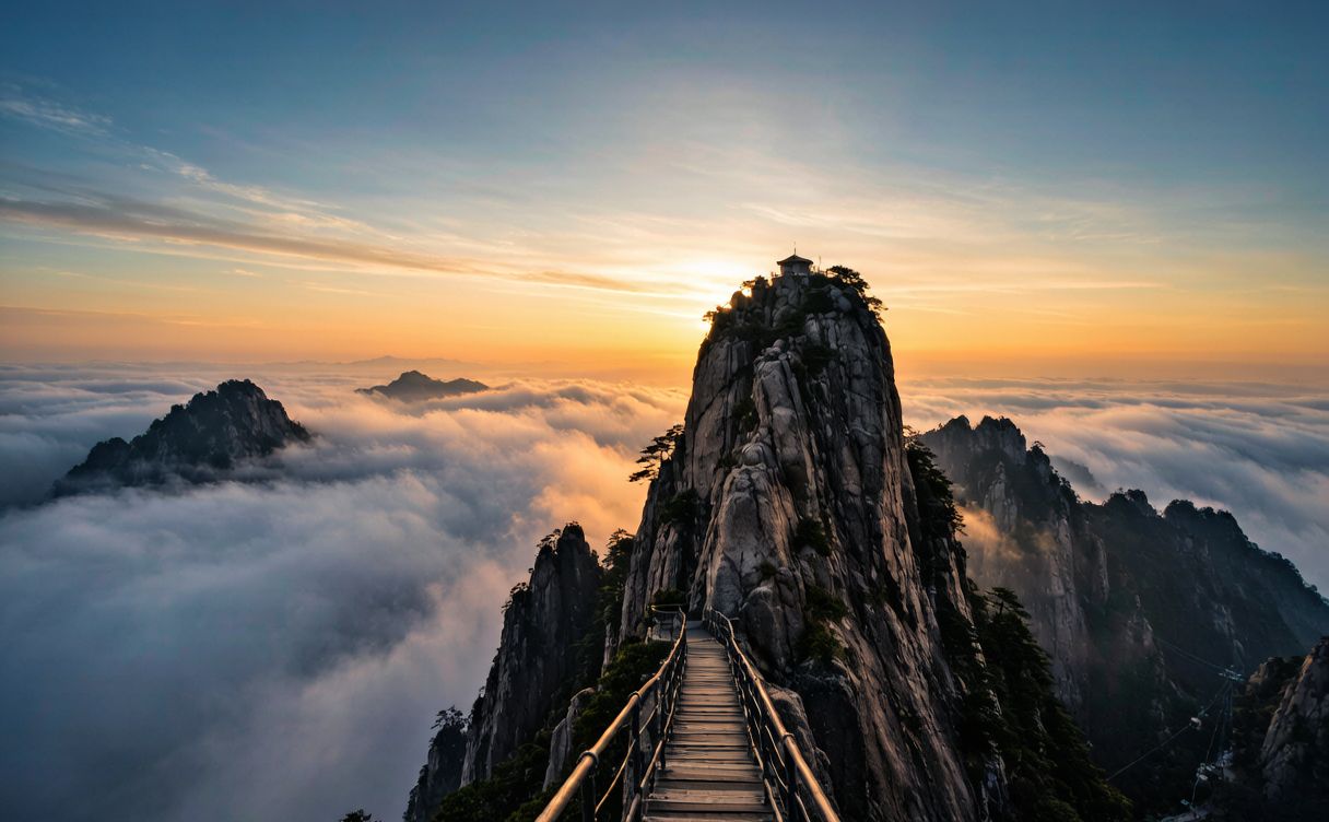 Traveler on Huashan's famous Plank Walk cliff-edge route