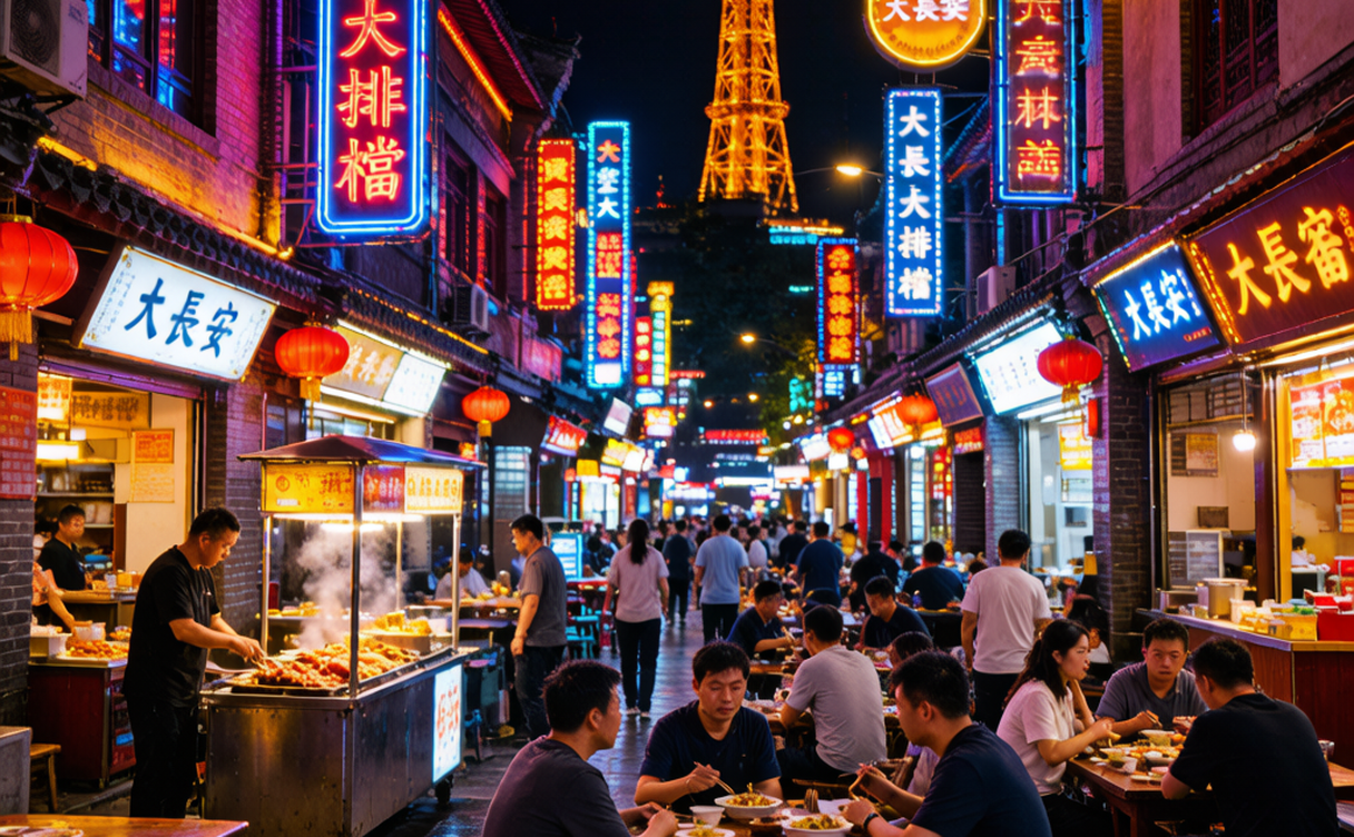 Busy Xi'an night street with lamb skewer stalls and lanterns