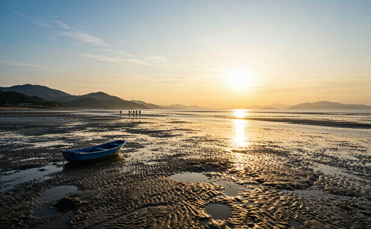 Wooden fishing stakes and nets reflected on the Xiapu tidal mudflats at sunrise, Fujian, China