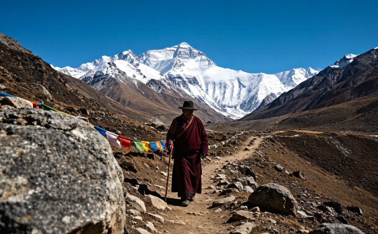 Yading guide - pilgrim circumambulating a sacred snow peak in Yading, Sichuan, China