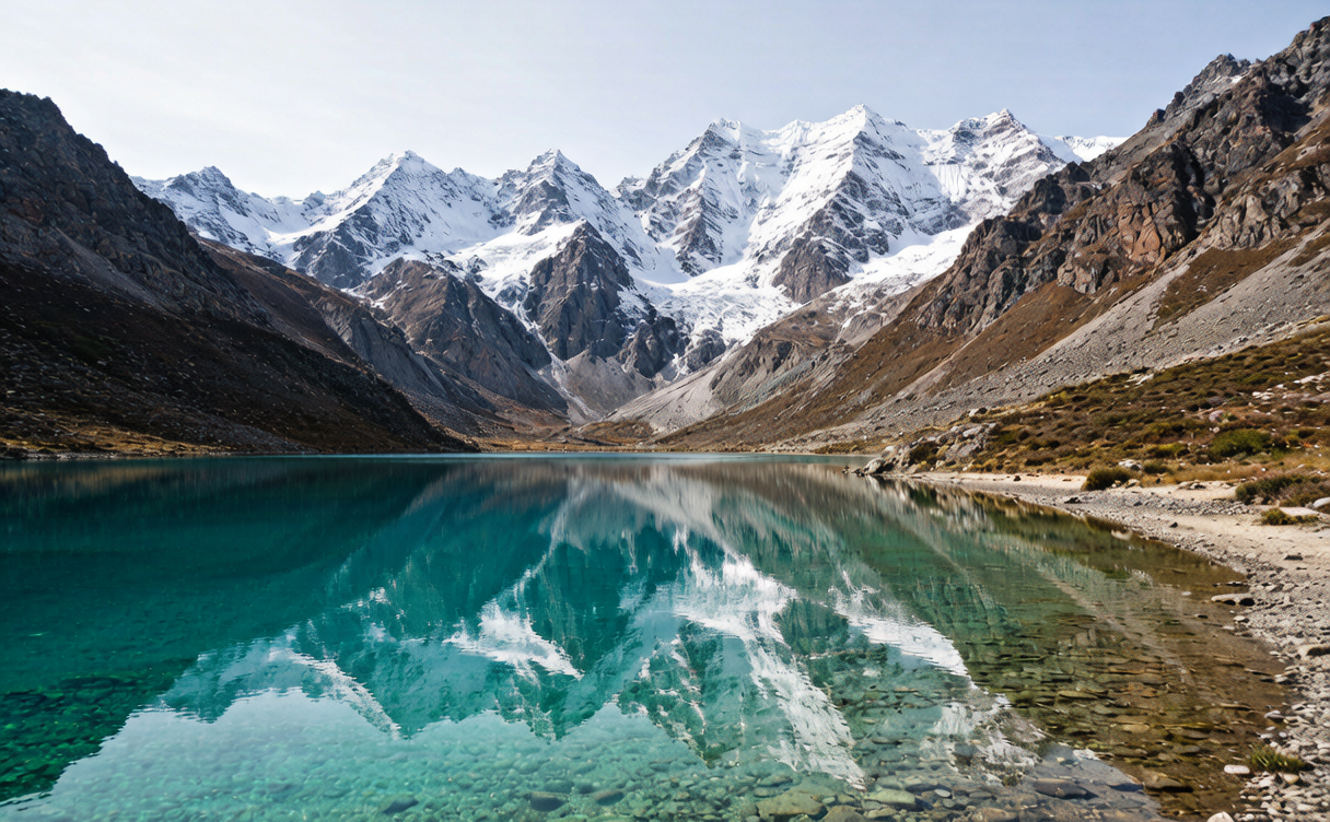 Yading guide - turquoise lake mirroring the sacred peaks in Yading, Sichuan, China