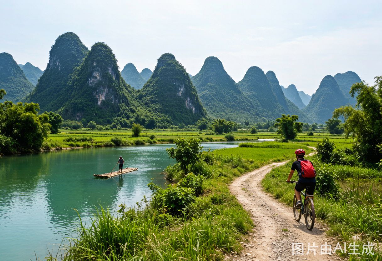 Cyclist on a country road with limestone karst mountains and rice paddies in Yangshuo, Guangxi