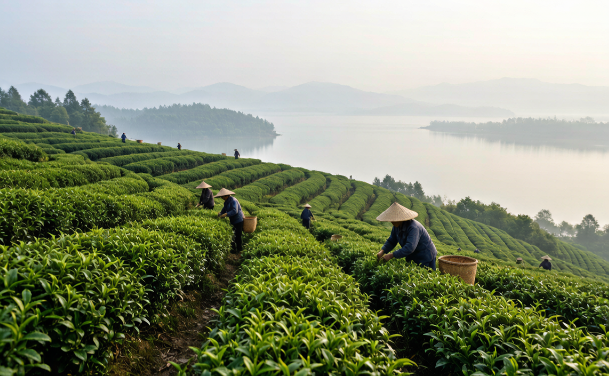 workers harvesting Junshan Island silver needle tea above Dongting Lake near Yueyang