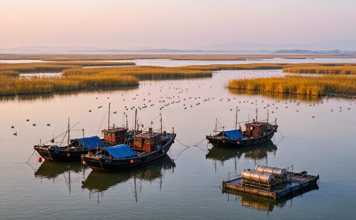 Dongting Lake wetlands near Yueyang with fishing boats and winter birds