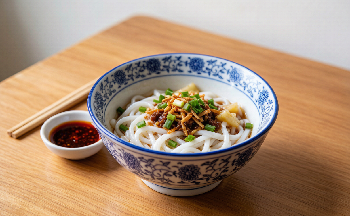 Bowl of Yunnan crossing-the-bridge noodles with separate raw toppings in Kunming, Yunnan, China