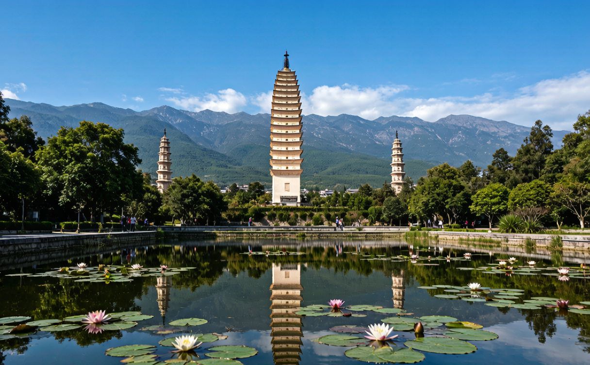 Three Pagodas of Chongsheng Temple reflected in a pond with Cangshan Mountains behind