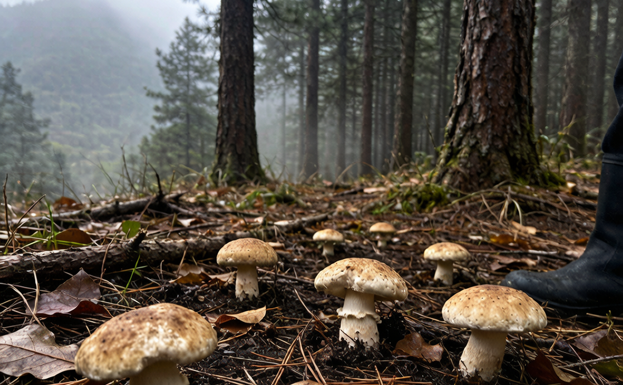 Yunnan mushroom market with baskets of fresh wild fungi