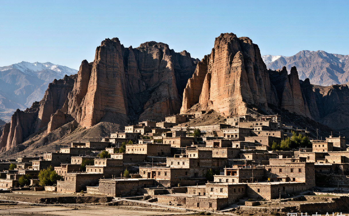 Zhagana village terraces and wooden Tibetan houses beneath grey stone peaks at sunrise in Gansu, China