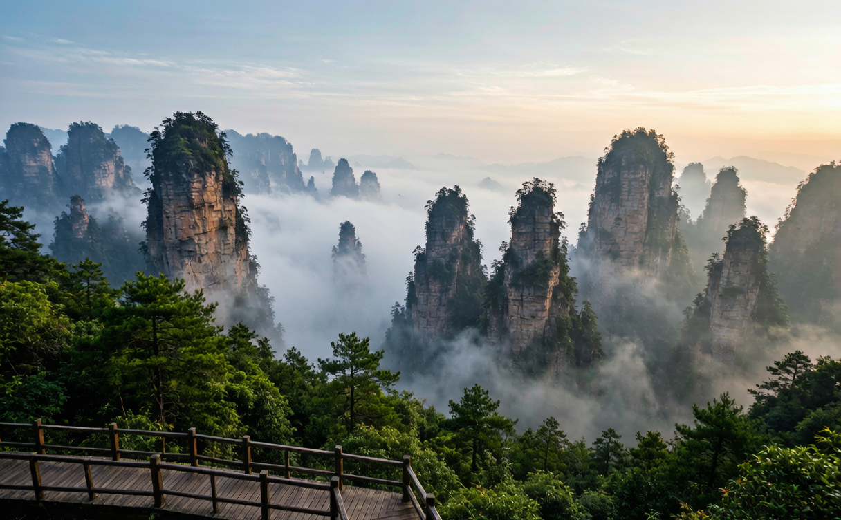 Zhangjiajie sandstone pillars emerging from morning mist