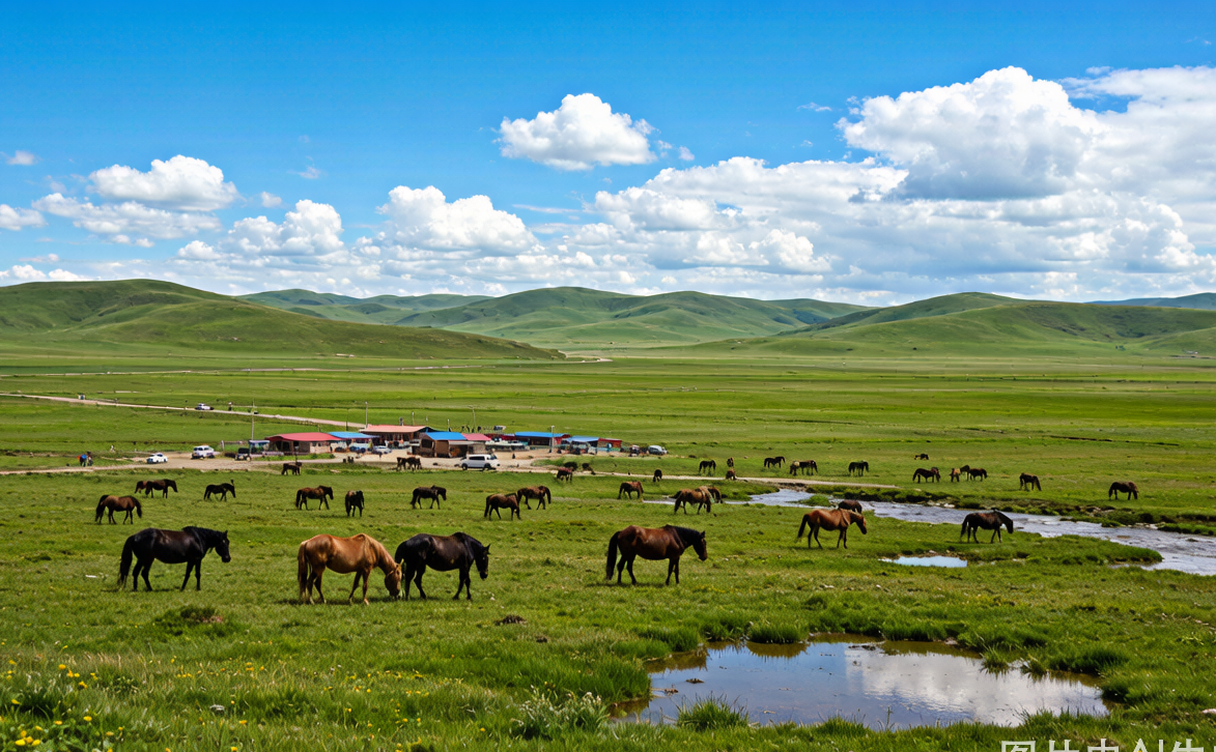 Herd of Tianma horses grazing on green grassland in Zhaosu, Xinjiang, China