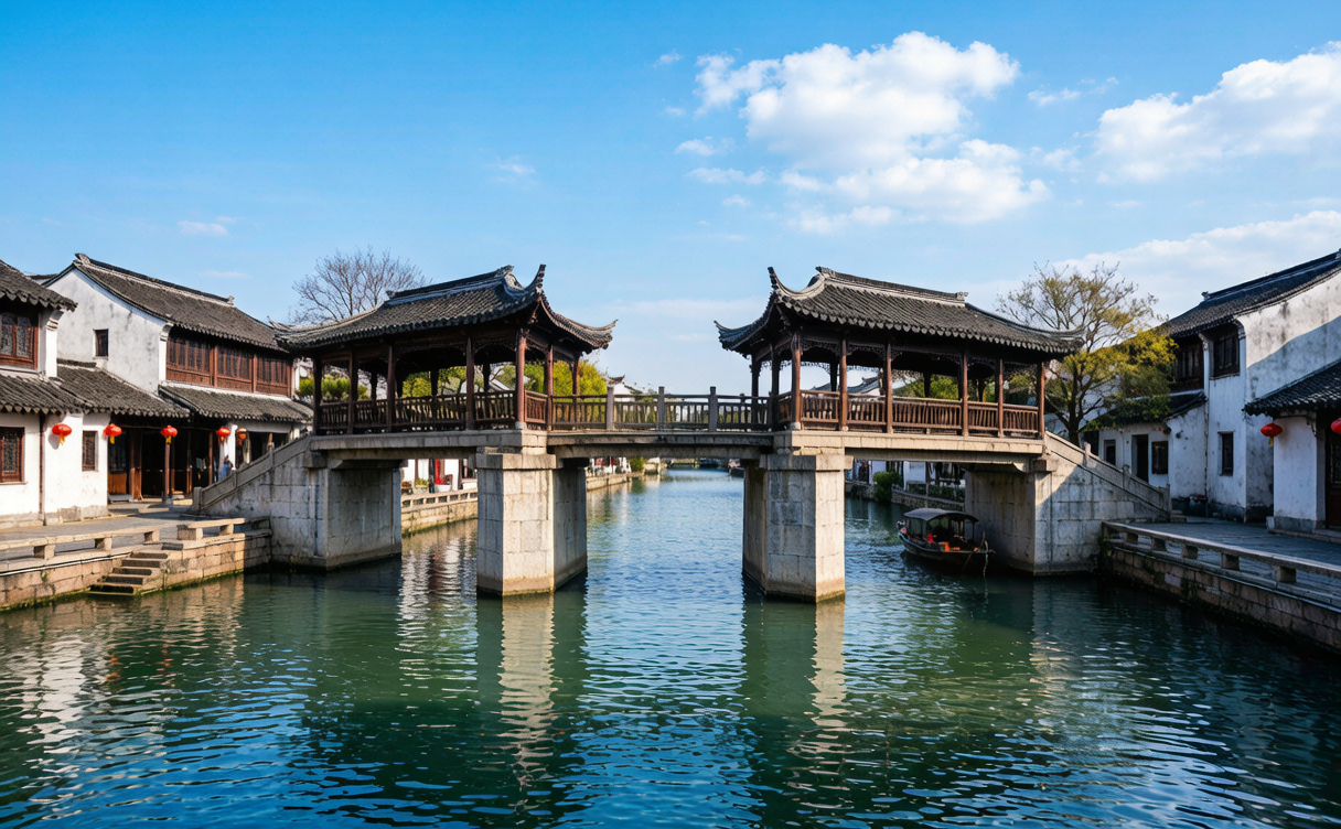 The Twin Bridges of Zhouzhuang reflected in a calm canal at dawn in Jiangsu, China