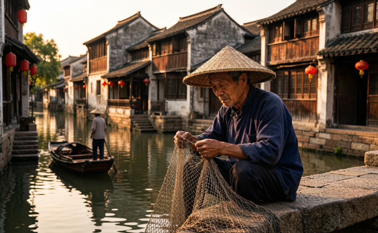 Wooden sightseeing boat drifting under a stone bridge on a Zhouzhuang canal in Jiangsu, China