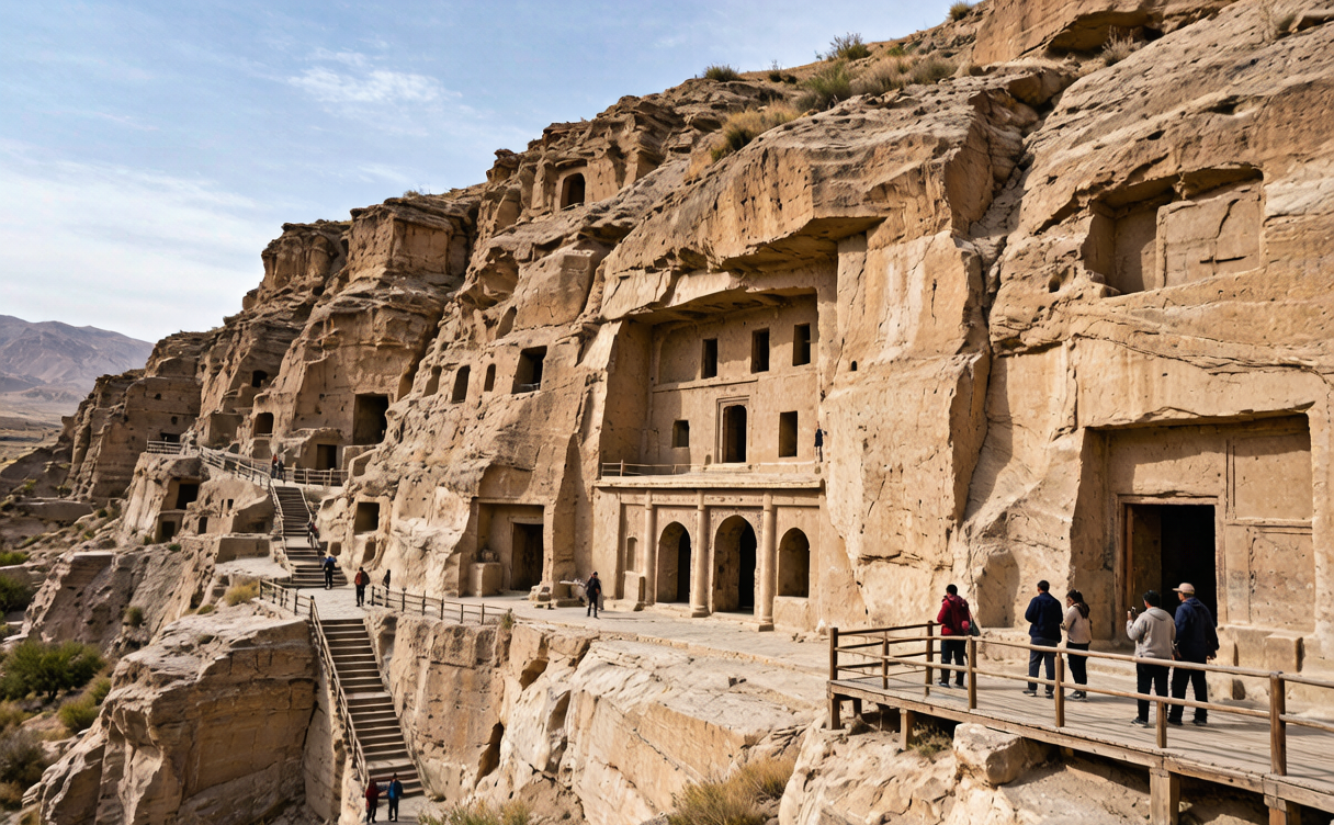 Kizil Grottoes Buddhist cave temples carved into a cliff near Aksu, Xinjiang, China