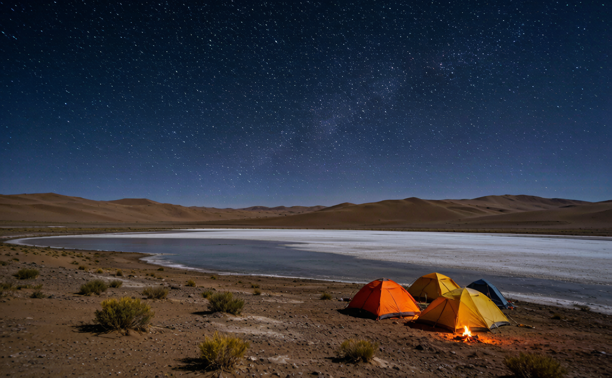 Tent camp beside a desert lake under starry skies in Badain Jaran, Inner Mongolia