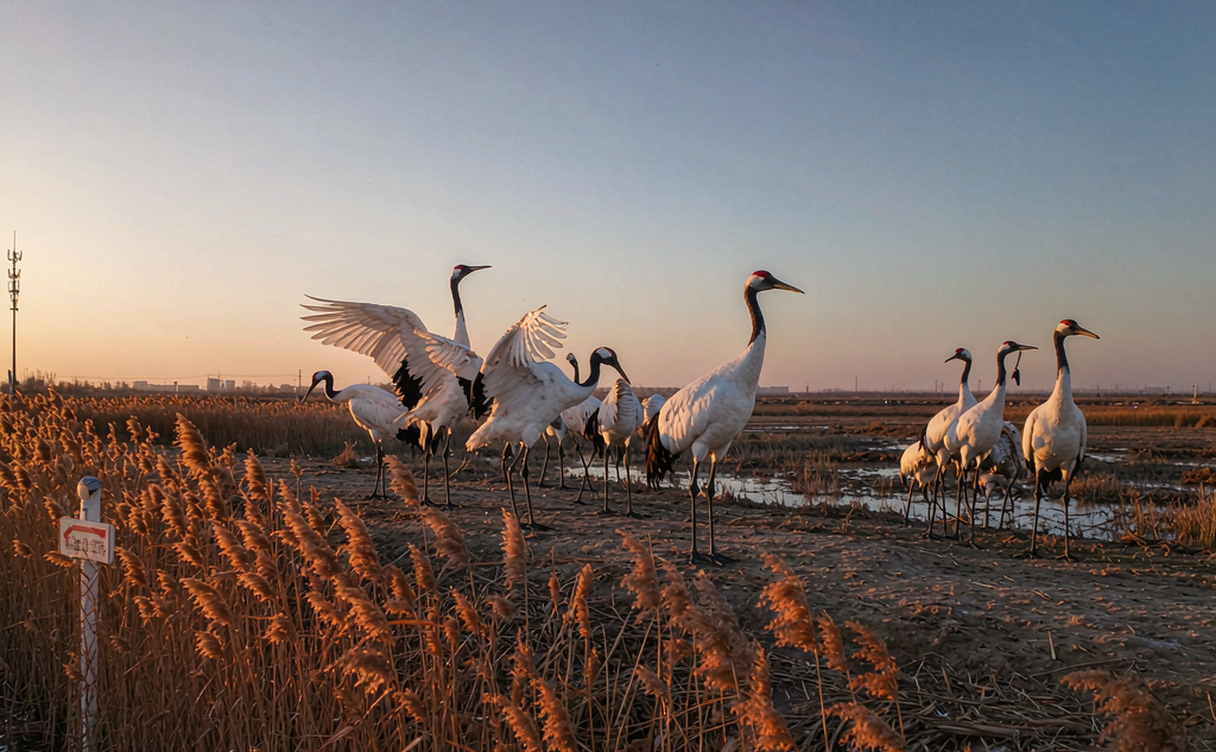 Red-crowned crane taking flight over Xianghai wetland at dawn