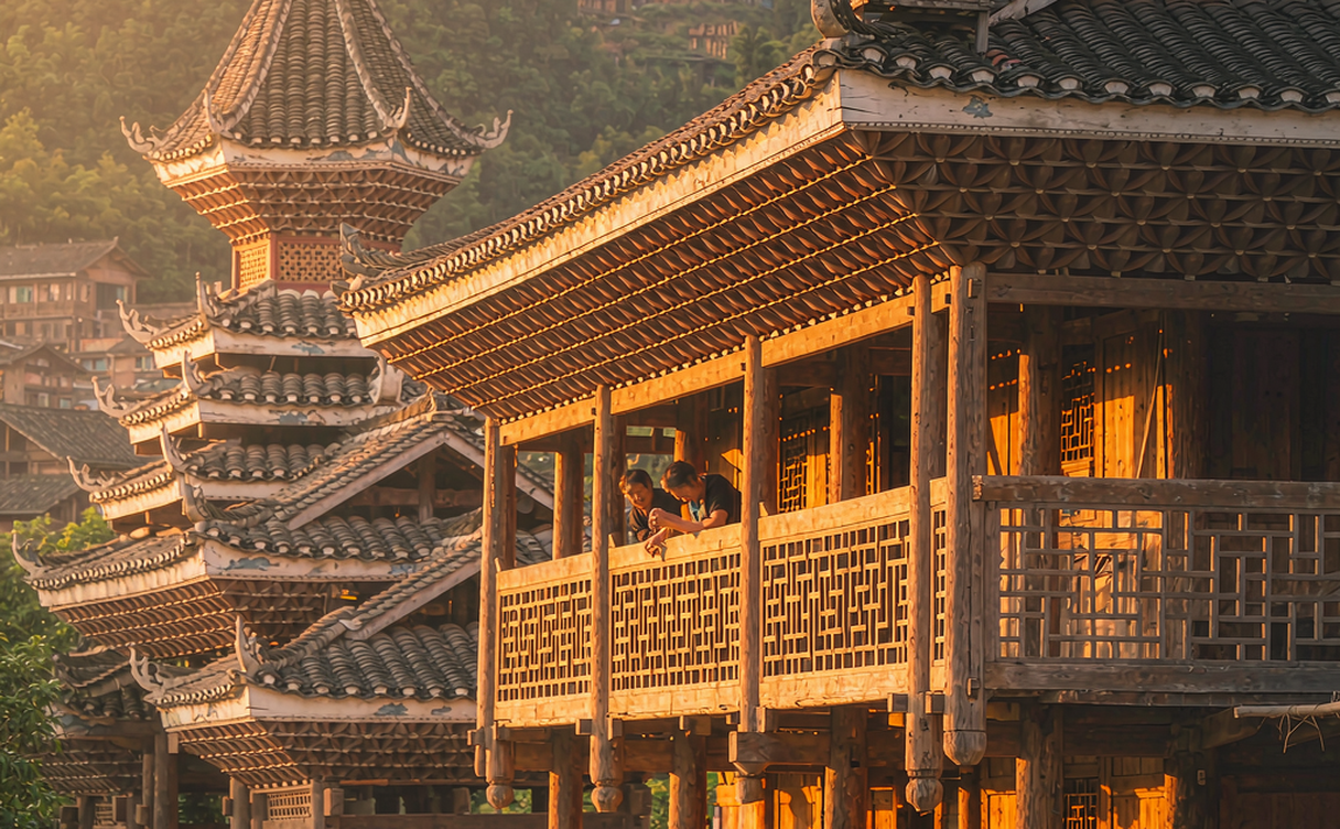 A Zhuang ethnic village with stilted wooden houses and terraced fields in Baise, Guangxi, China