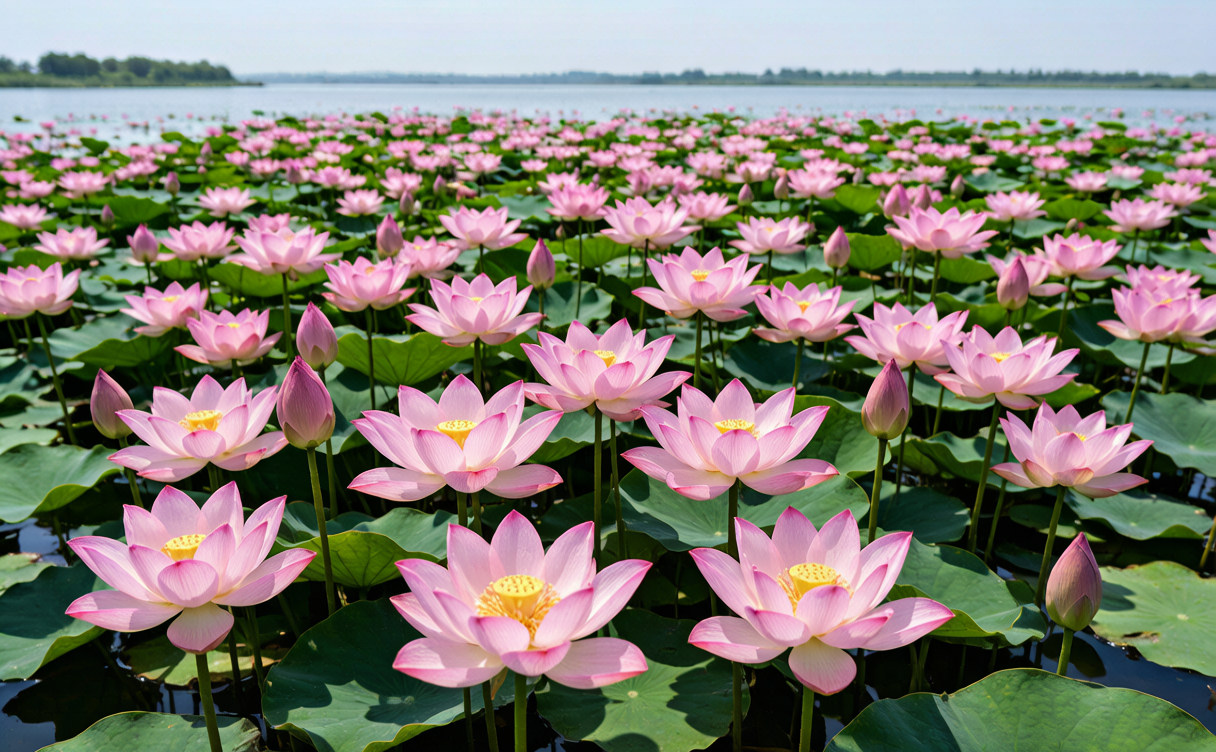 Baiyangdian travel guide - pink lotus blossoms covering the water in July