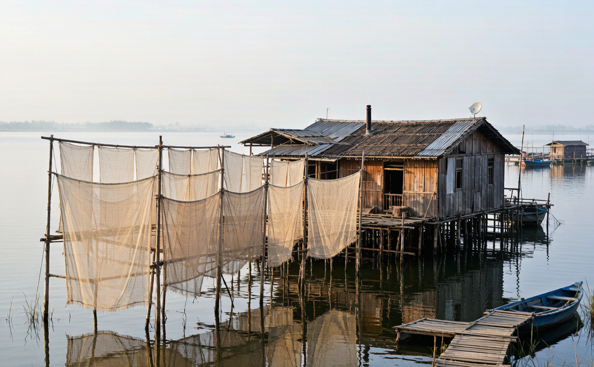 Baiyangdian travel guide - stilt village houses and fishing nets on the lake