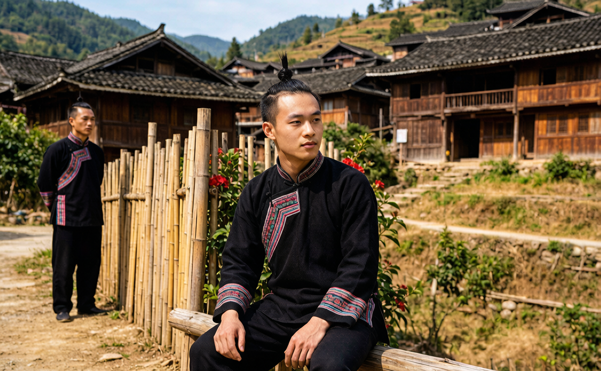 Basha Miao Village guide - men in indigo tunics with traditional topknots outside stilt houses in Guizhou