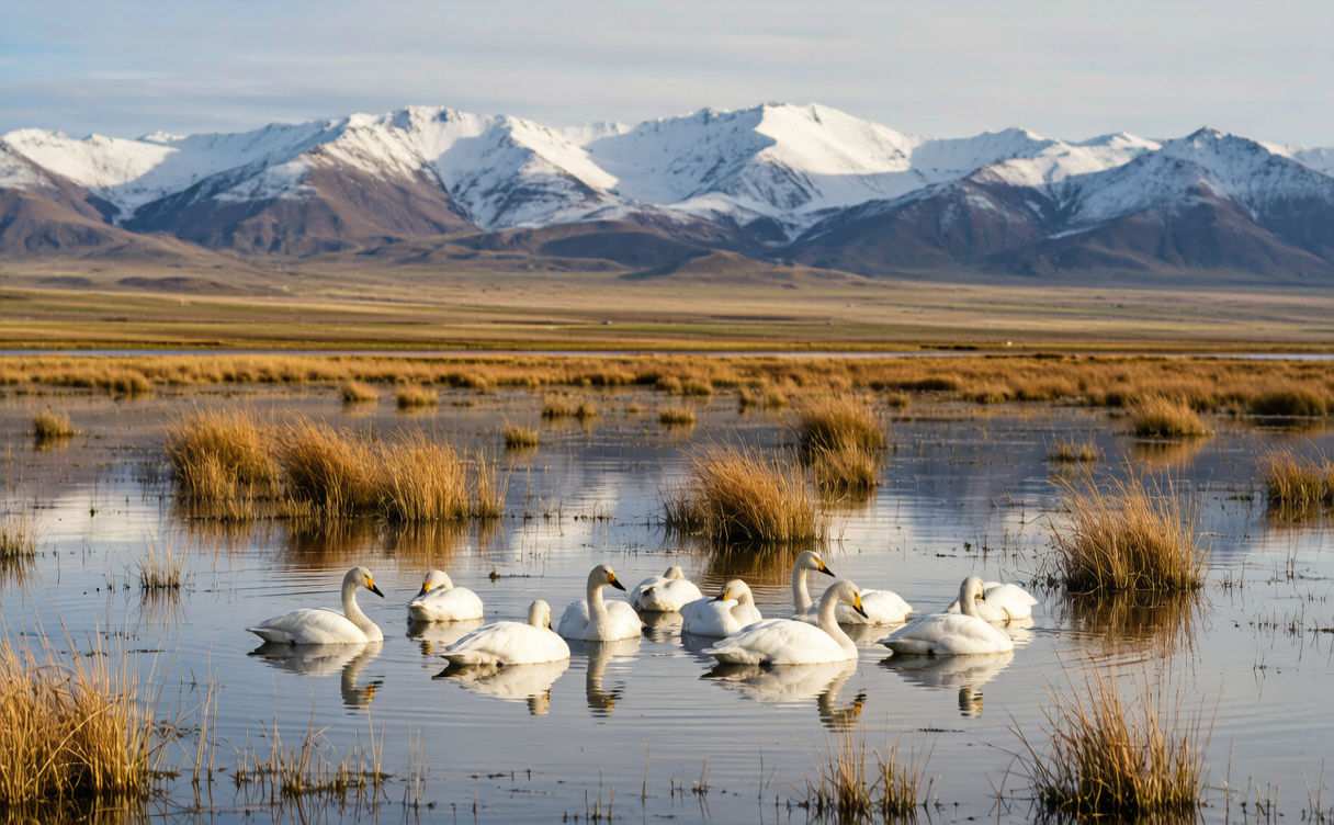Bayanbulak Grassland travel guide - whooper swans on Swan Lake wetland in Xinjiang, China