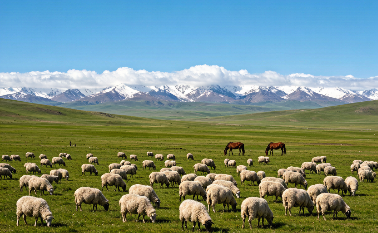 Bayanbulak Grassland travel guide - herders on horseback moving sheep across the steppe
