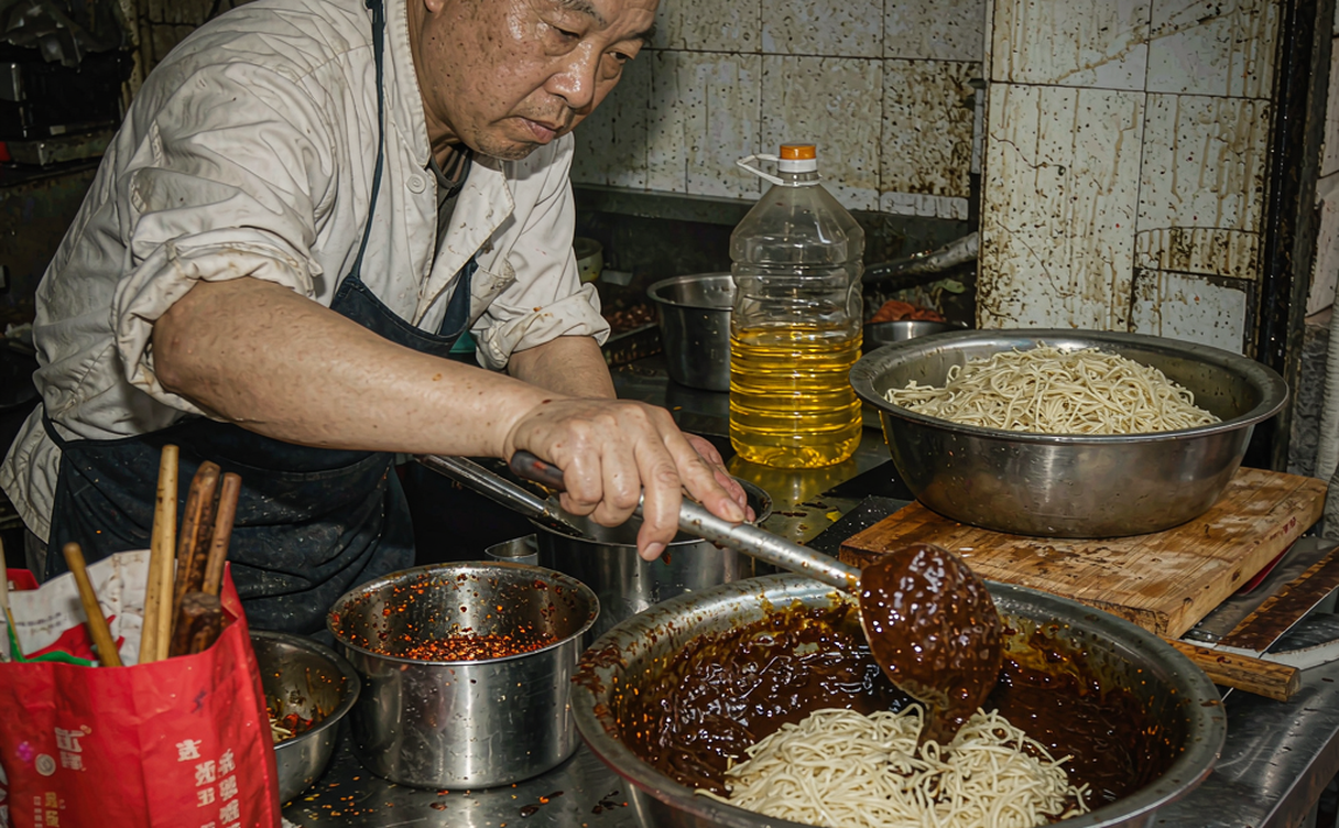 A Beijing zhajiangmian bowl topped with dark fried soybean-paste sauce and fresh cucumber and sprout toppings