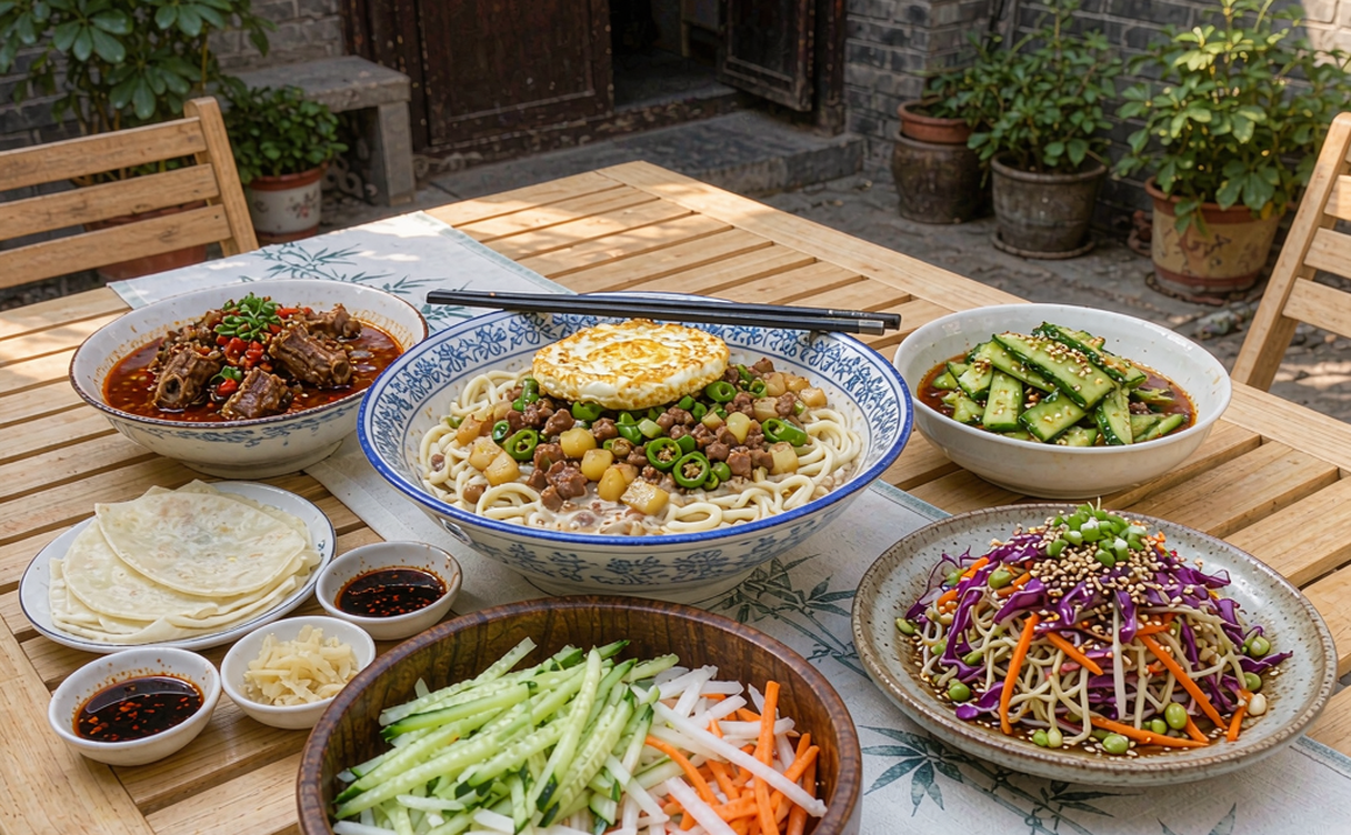 A small Beijing hutong courtyard noodle shop with wooden tables and lanterns serving zhajiangmian