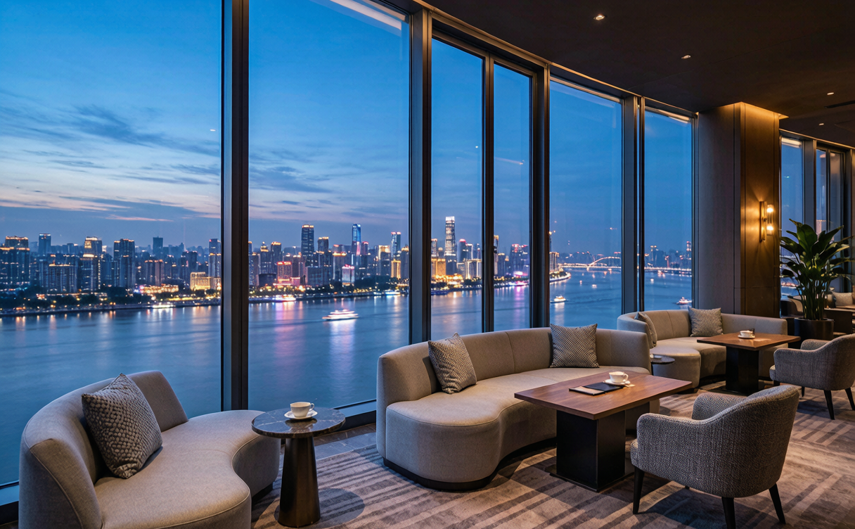 Riverfront hotel towers along the Yangtze river in Chongqing at dusk