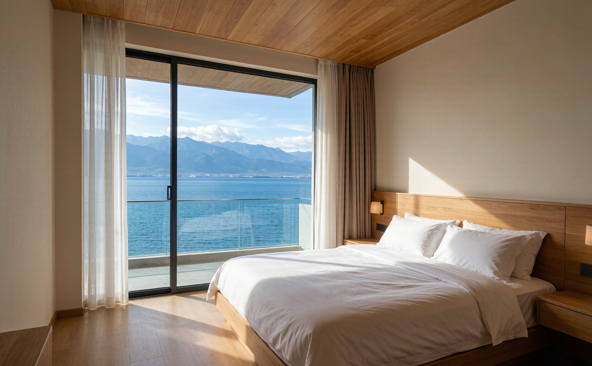 A Dali lakeshore hotel balcony overlooking Erhai Lake with Cangshan Mountain behind