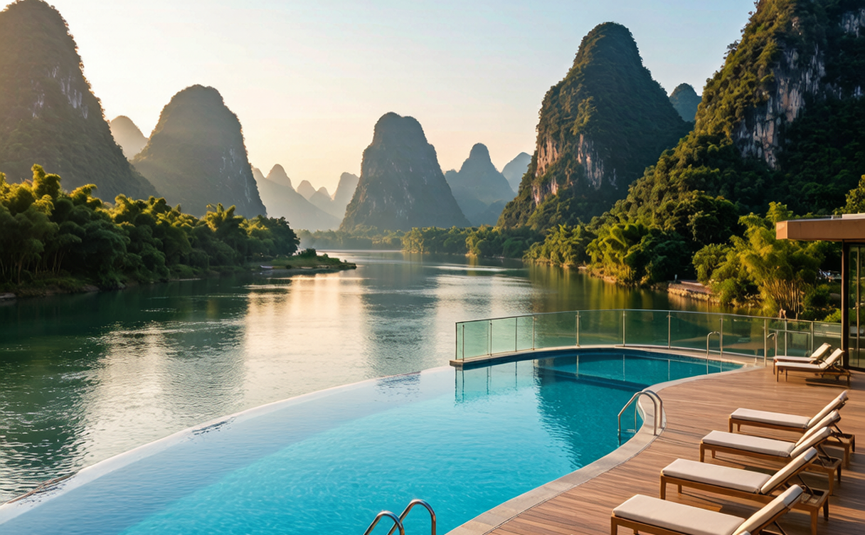 Yangshuo boutique lodge courtyard with karst mountains rising behind traditional tiled roofs