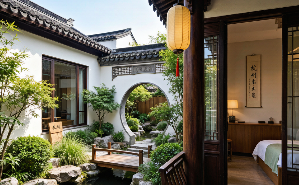 Hotel balcony with a calm West Lake view and distant hills at dawn in Hangzhou, China