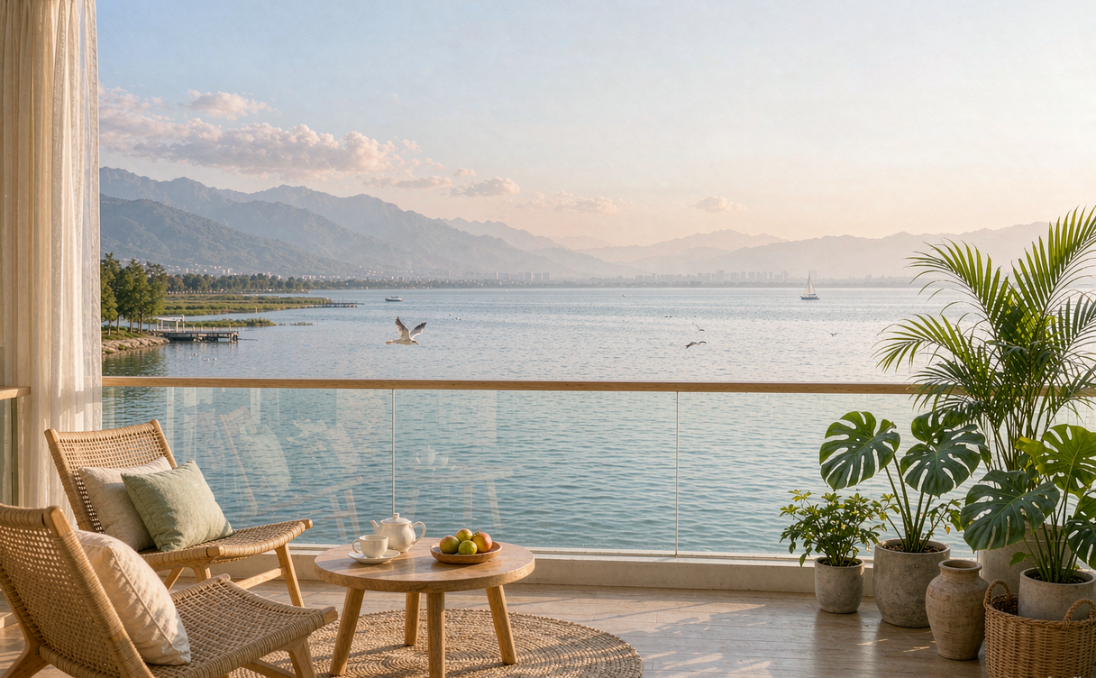 Lakeside resort balcony overlooking Dianchi Lake near Kunming with the Western Hills behind
