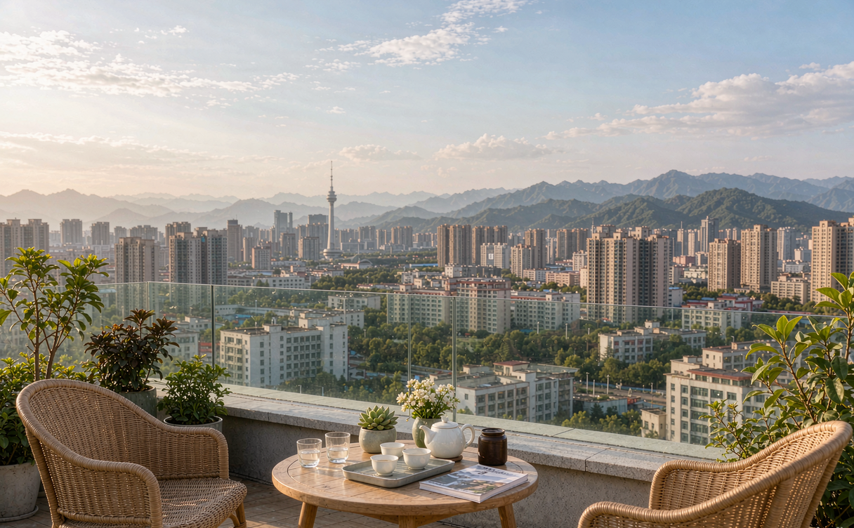 Rooftop tea lounge with views over Kunming's Spring City skyline