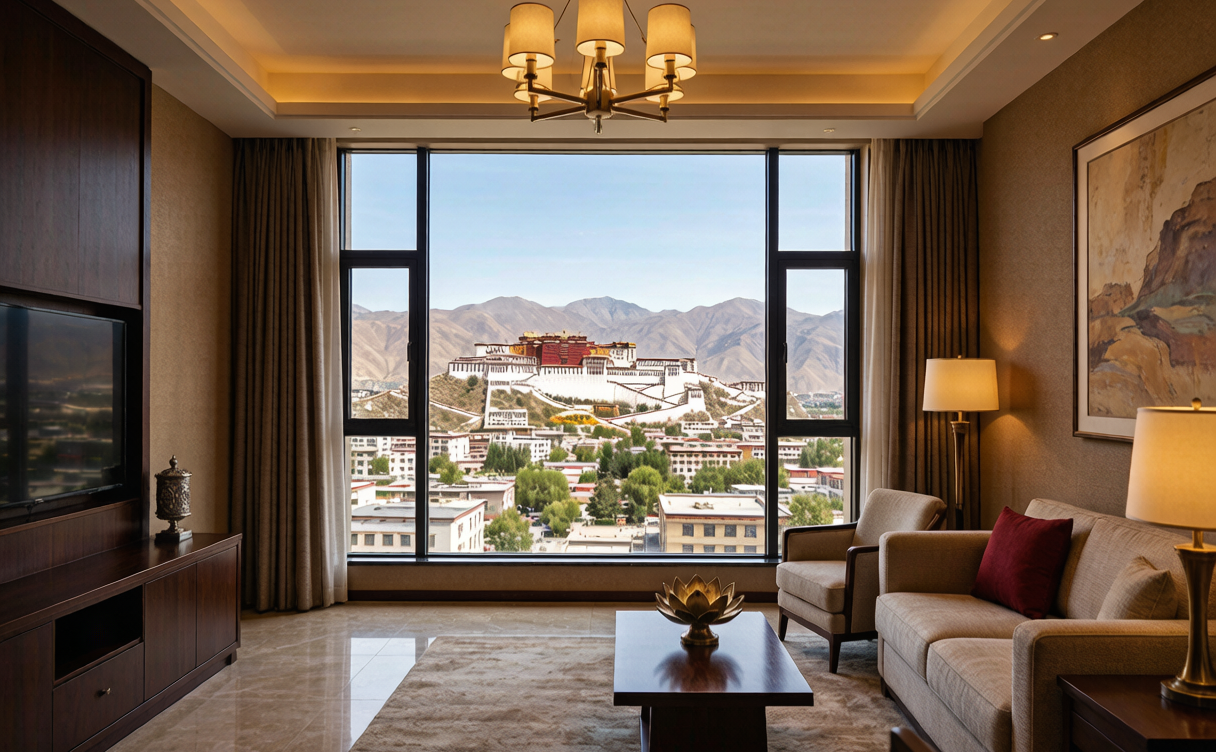 The Potala Palace in Lhasa, Tibet, China lit at dusk seen from a hotel terrace