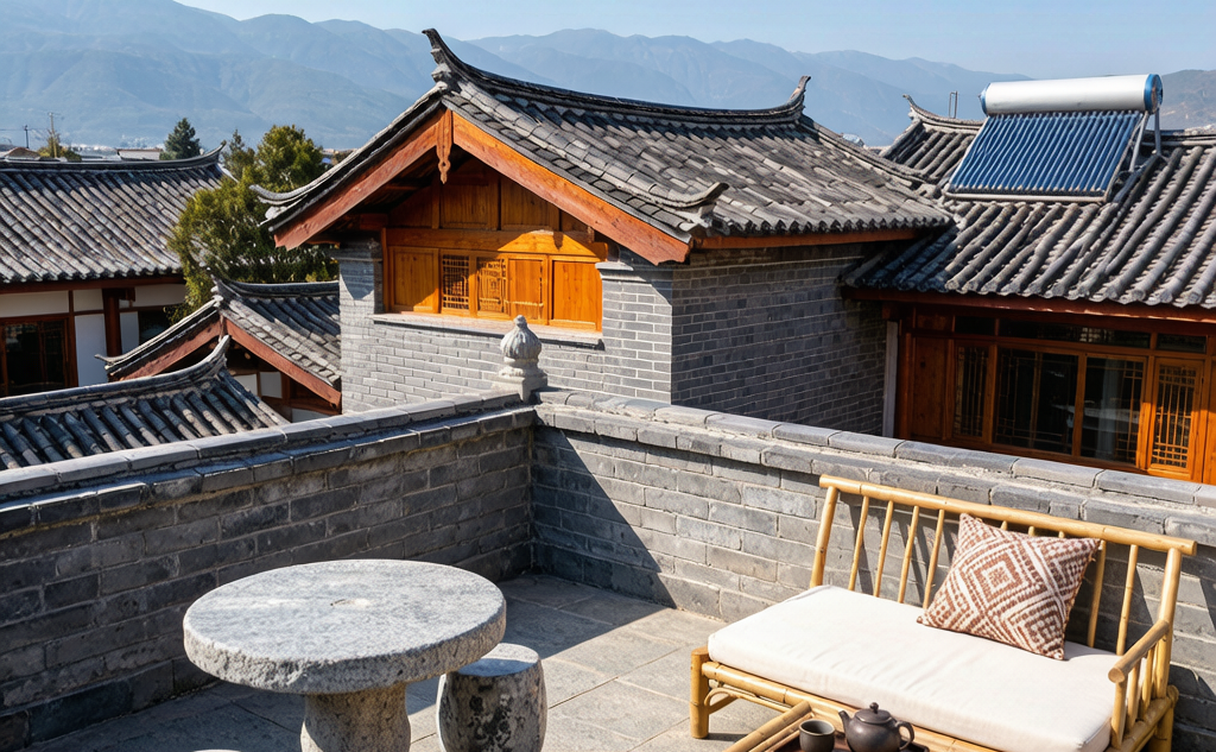 Renovated Naxi courtyard guesthouse with carved wooden windows around a tiled patio in Lijiang Old Town