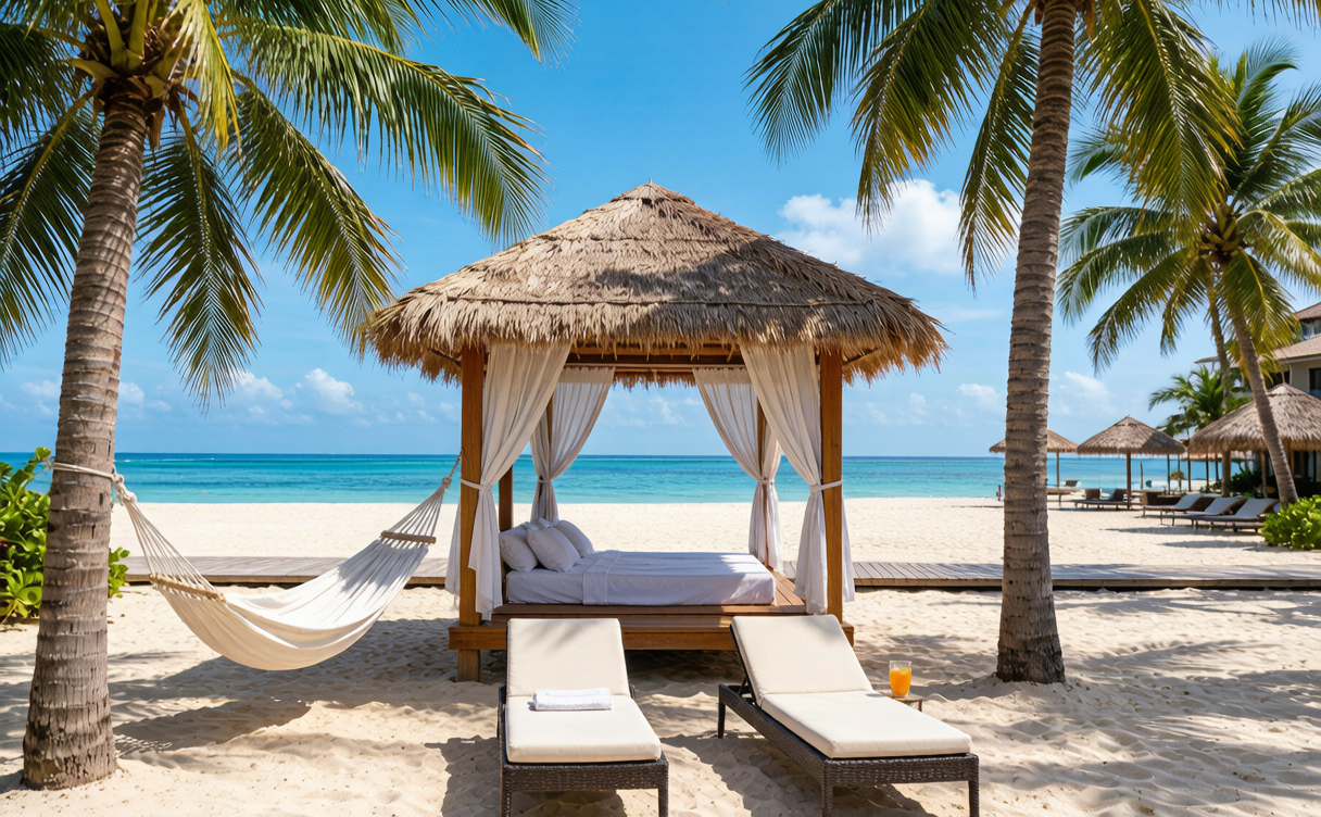 Thatched beach cabana with loungers and hammock between coconut palms in Sanya Hainan